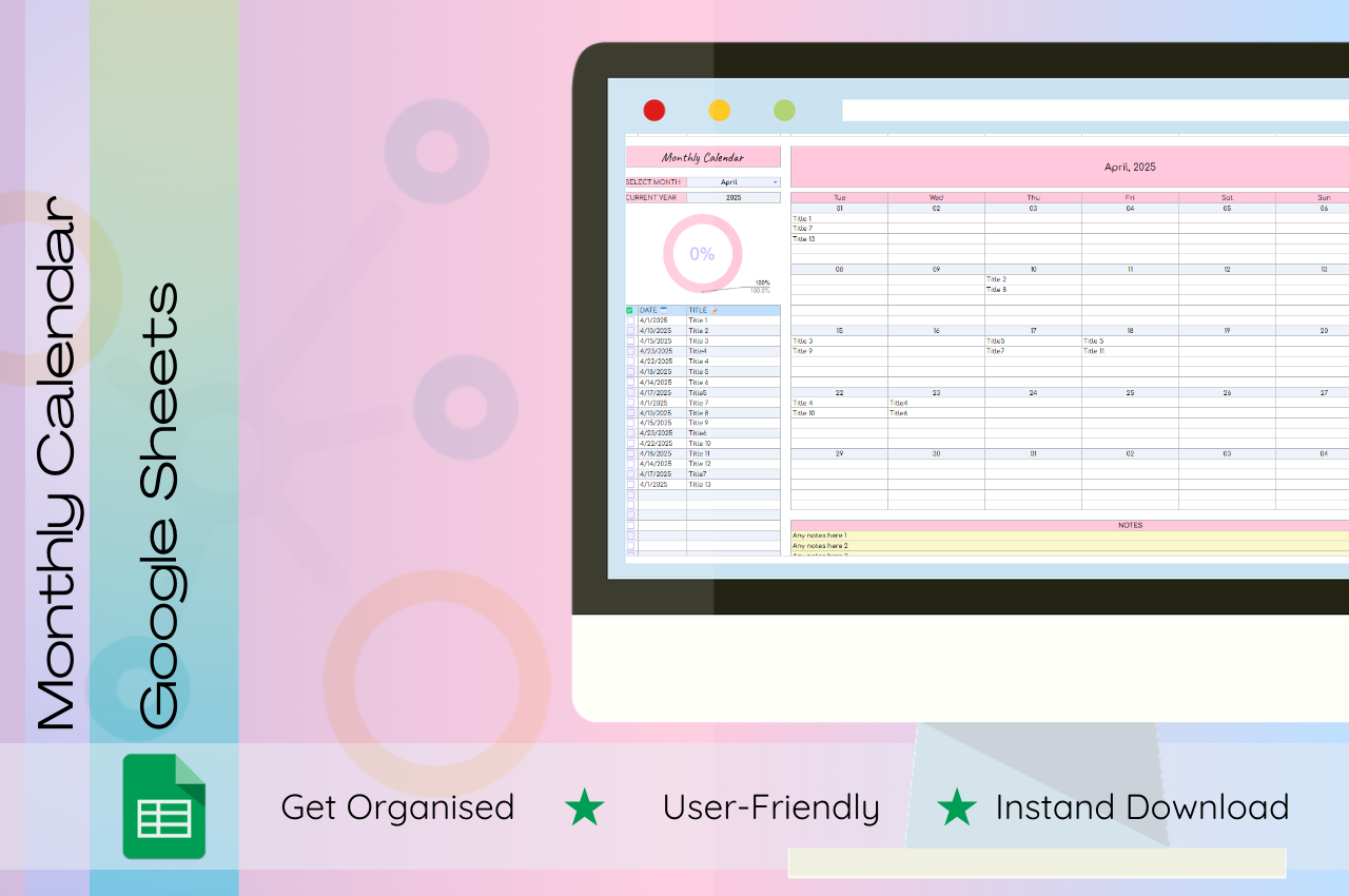 Monthly Calendar Google Sheets Template
